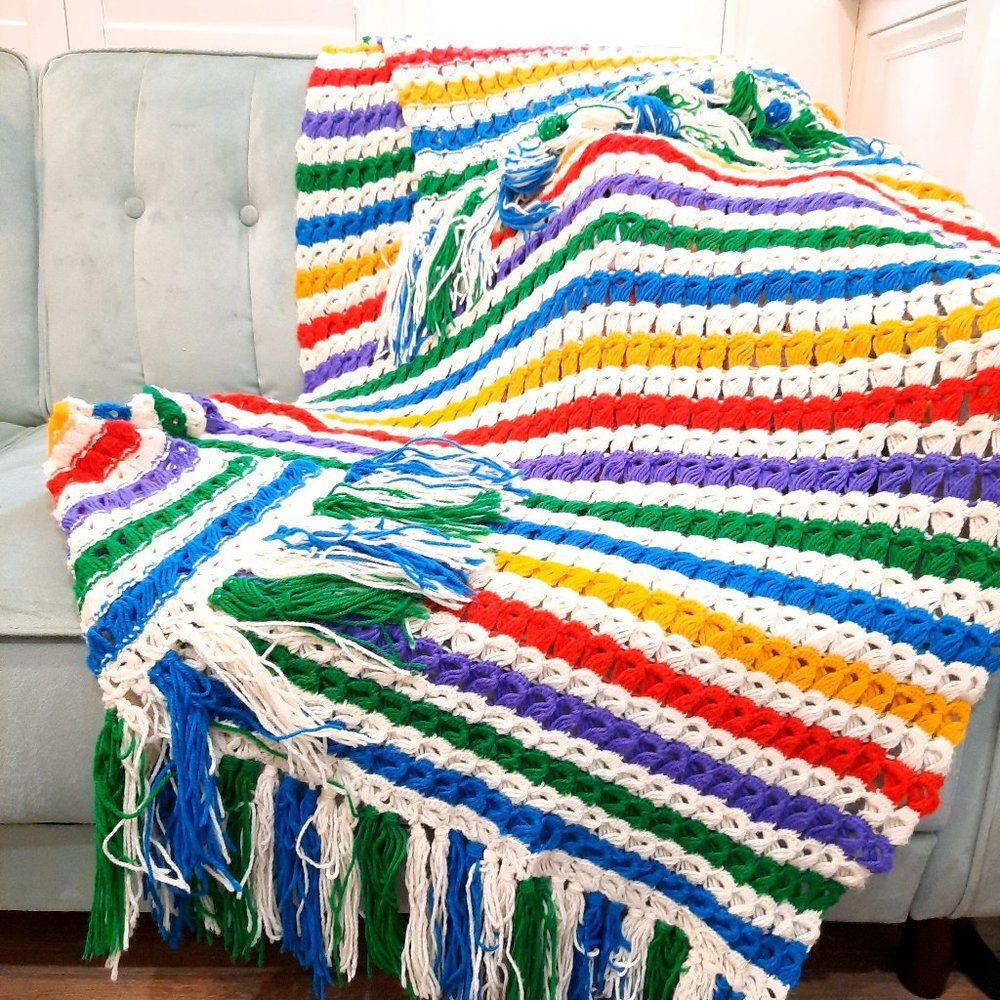 Vintage Rainbow Fringe Afghan lap Throw Blanket‎ Hand Knitted stripes 36x84